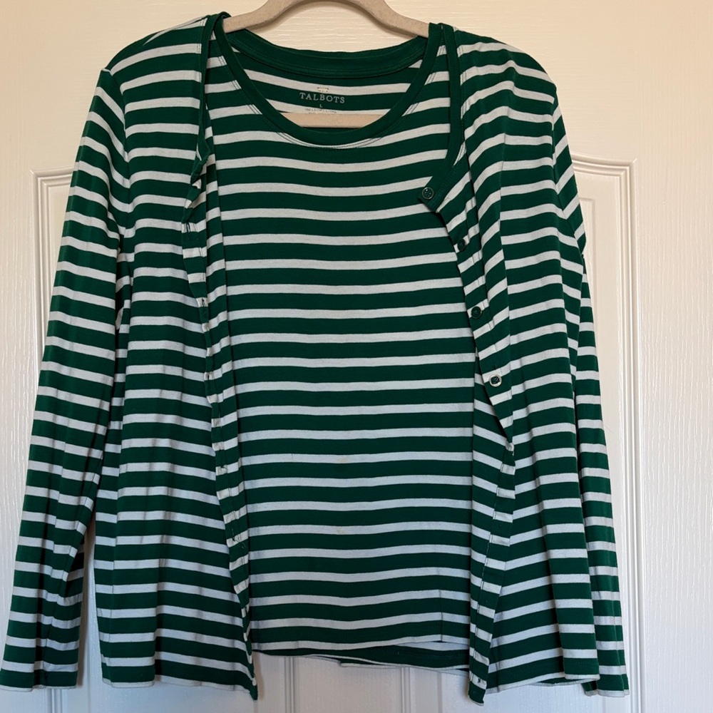 Talbots Green and White/cream Striped tank and cardigan set sz L XL jersey knits